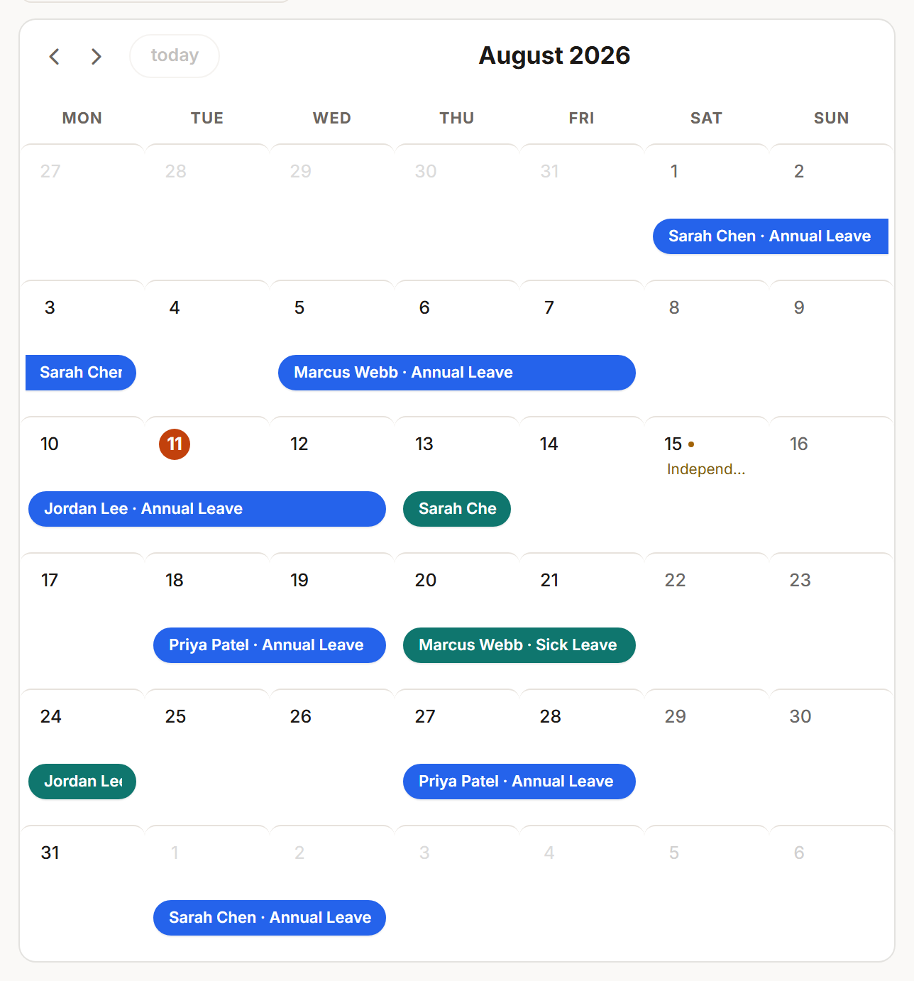 Offlo's team calendar showing everyone's approved and pending leave for the month